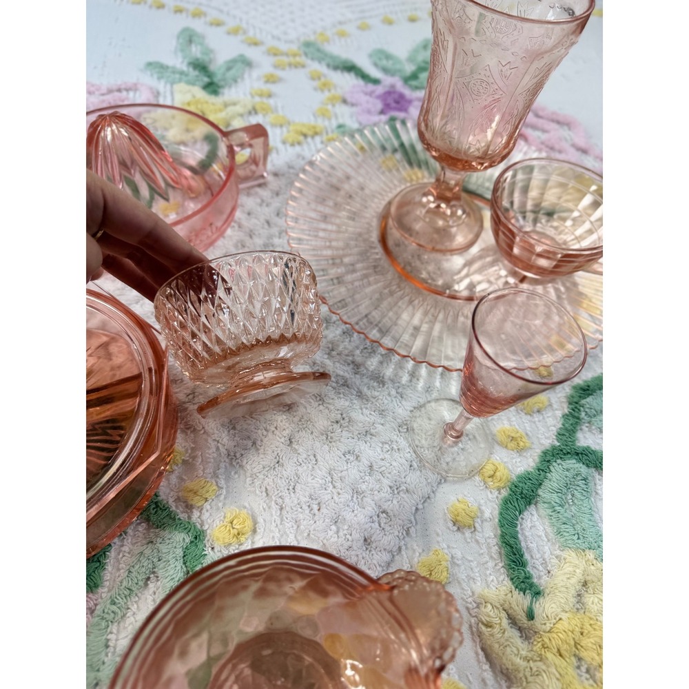 Vintage Pink Depression Glass Set Gilbert Clock Sunkist Juicer Candy Dish 13 pc - Picture 13 of 16